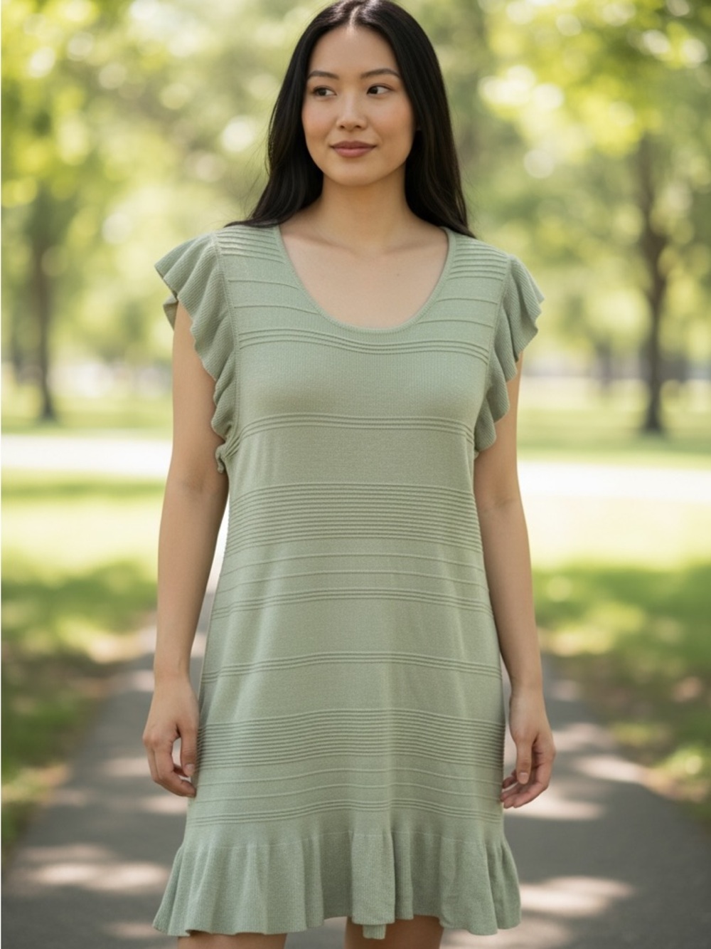 Cato Sage Green Ruffle Sleeve Knit Dress